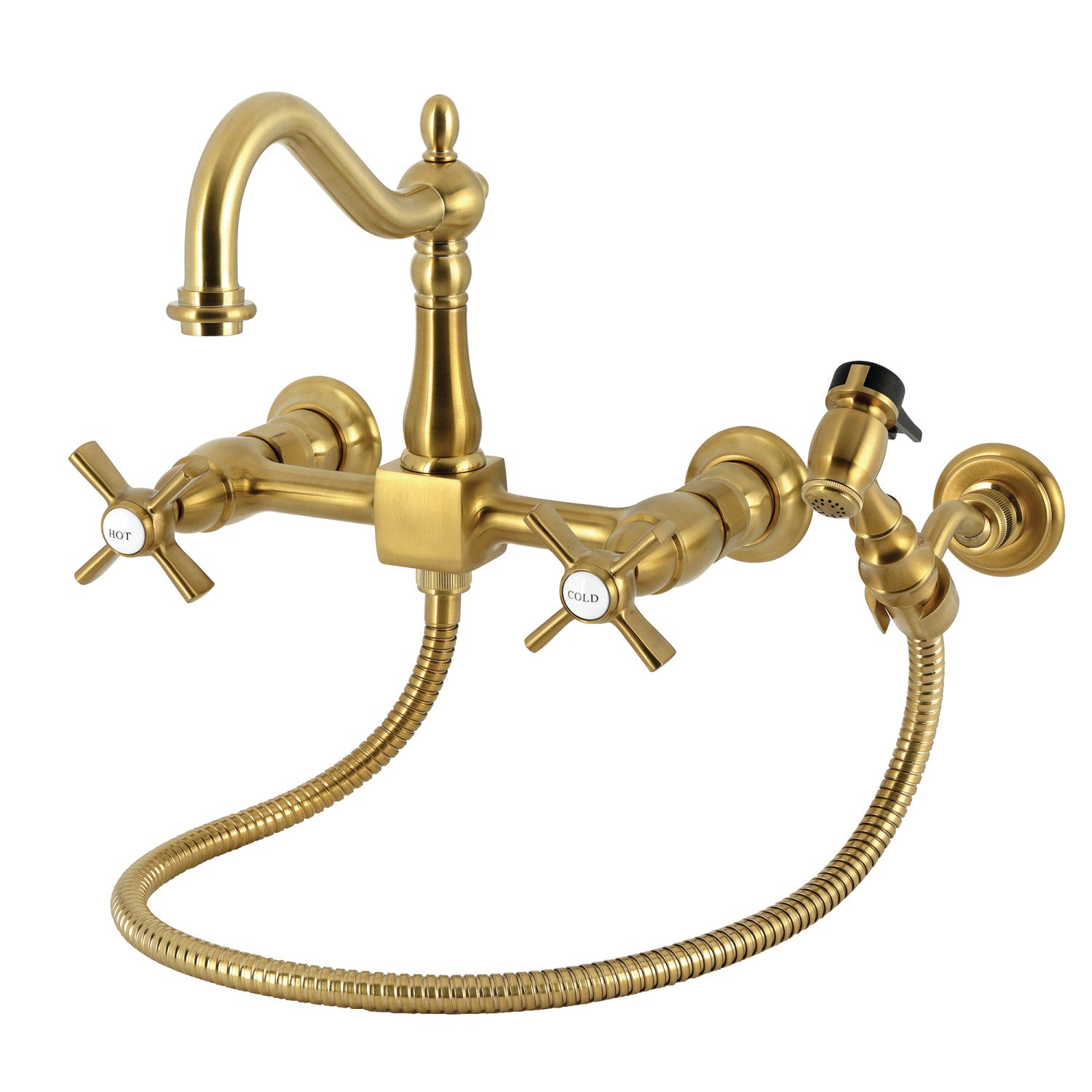 Kingston Heirloom KS1267ZXBS - Millennium Two-Handle 3-Hole Wall Mount Bridge Kitchen Faucet with Brass Sprayer, Brushed Brass — image 1